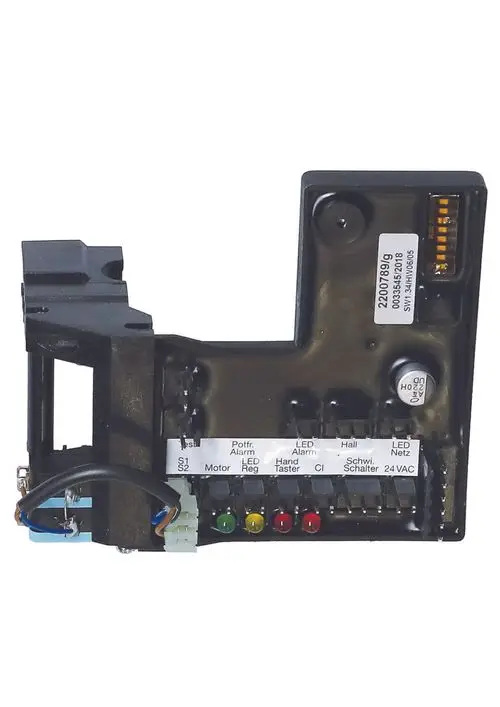 Elektroblock von Judo mit Anschlüssen für Motor, Alarm, LED-Anzeige und Taster. Sichtbare Komponenten auf schwarzem Gehäuse mit Anschlusskabeln.